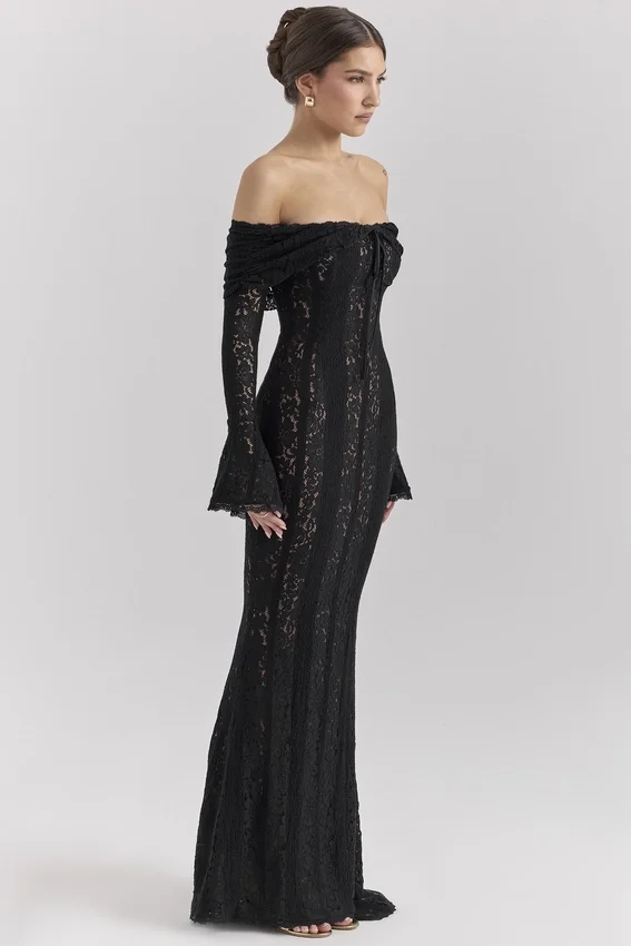 Belle Black Off Shoulder Floral Lace Maxi Dress Belle Black Off Shoulder Floral Lace Maxi Dress