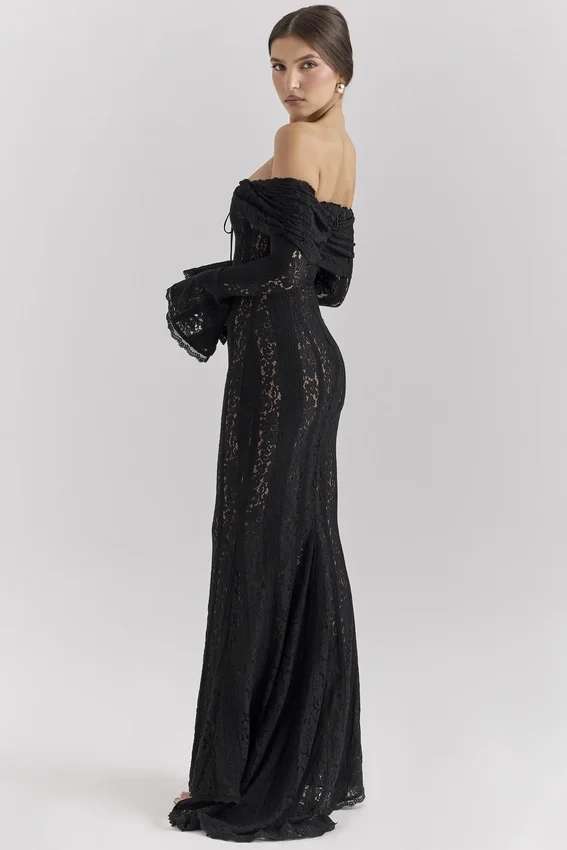 Belle Black Off Shoulder Floral Lace Maxi Dress Belle Black Off Shoulder Floral Lace Maxi Dress
