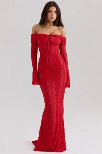 Belle Red Off Shoulder Floral Lace Maxi Dress