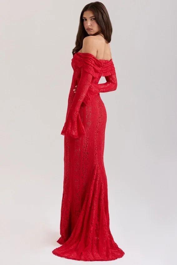 Belle Red Off Shoulder Floral Lace Maxi Dress Belle Red Off Shoulder Floral Lace Maxi Dress