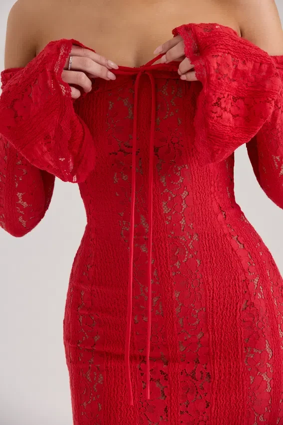 Belle Red Off Shoulder Floral Lace Maxi Dress Belle Red Off Shoulder Floral Lace Maxi Dress