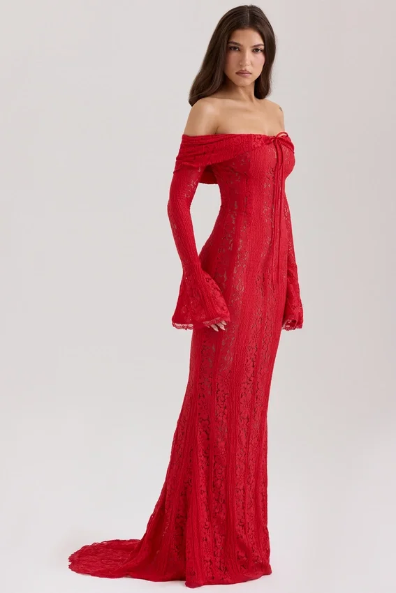 Belle Red Off Shoulder Floral Lace Maxi Dress Belle Red Off Shoulder Floral Lace Maxi Dress