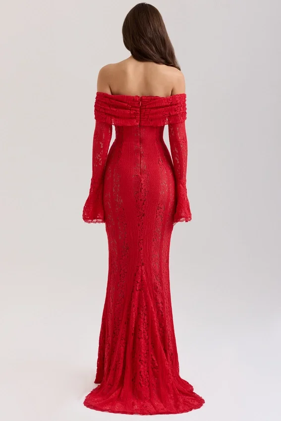 Belle Red Off Shoulder Floral Lace Maxi Dress Belle Red Off Shoulder Floral Lace Maxi Dress