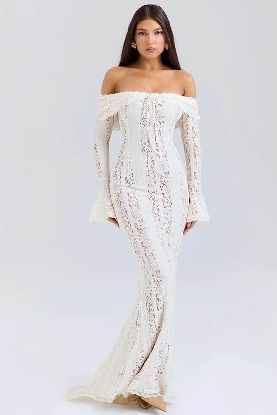 Belle Vintage Cream Floral Lace Off Shoulder Maxi Dress Belle Vintage Cream Floral Lace Off Shoulder Maxi Dress