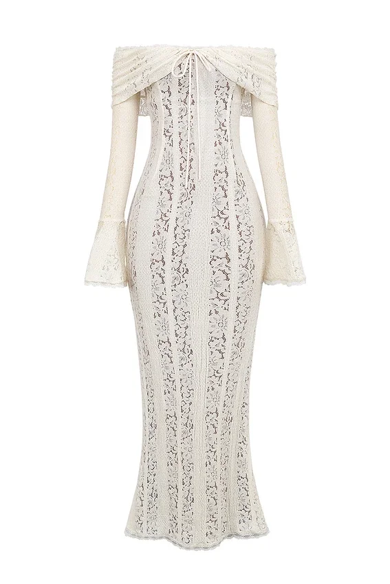 Belle Vintage Cream Floral Lace Off Shoulder Maxi Dress Belle Vintage Cream Floral Lace Off Shoulder Maxi Dress