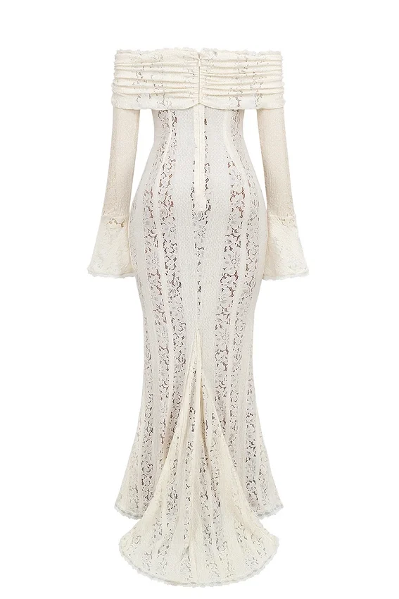 Belle Vintage Cream Floral Lace Off Shoulder Maxi Dress Belle Vintage Cream Floral Lace Off Shoulder Maxi Dress