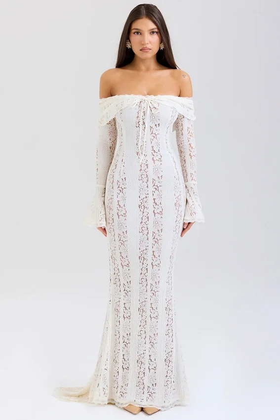 Belle Vintage Cream Floral Lace Off Shoulder Maxi Dress Belle Vintage Cream Floral Lace Off Shoulder Maxi Dress