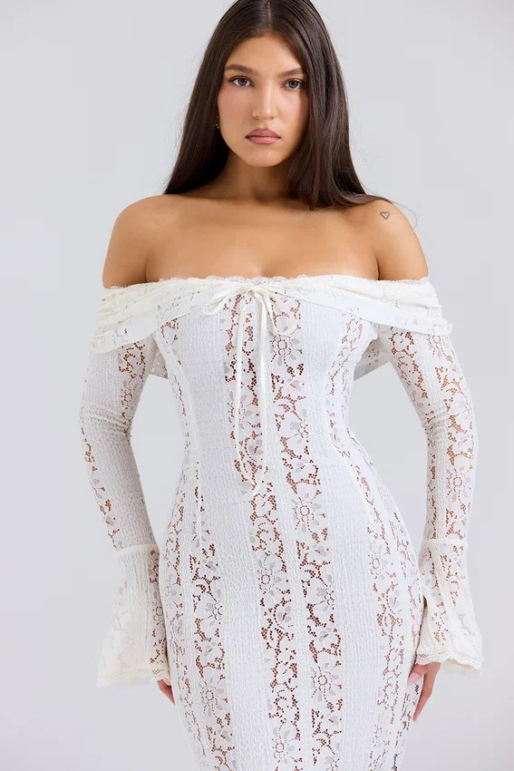 Belle Vintage Cream Floral Lace Off Shoulder Maxi Dress Belle Vintage Cream Floral Lace Off Shoulder Maxi Dress