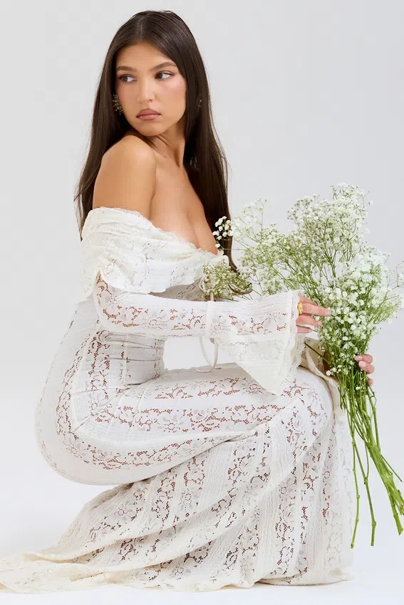 Belle Vintage Cream Floral Lace Off Shoulder Maxi Dress Belle Vintage Cream Floral Lace Off Shoulder Maxi Dress