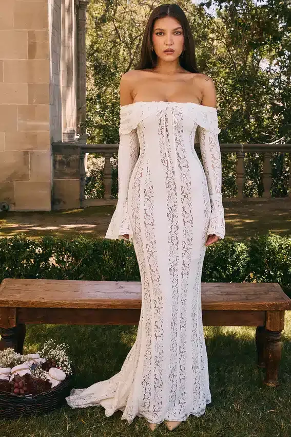 Belle Vintage Cream Floral Lace Off Shoulder Maxi Dress Belle Vintage Cream Floral Lace Off Shoulder Maxi Dress