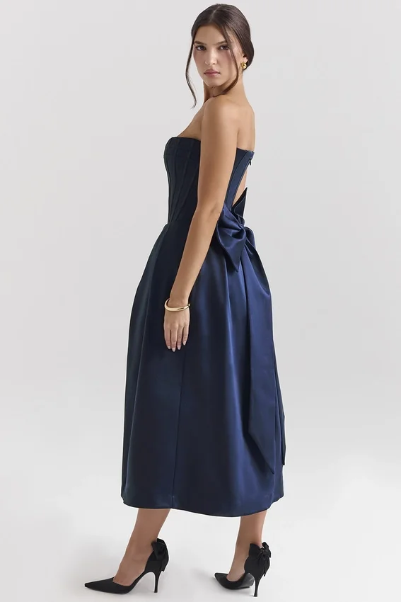 Bellina Midnight Blue Strapless Detachable Bow Midi Dress Bellina Midnight Blue Strapless Detachable Bow Midi Dress