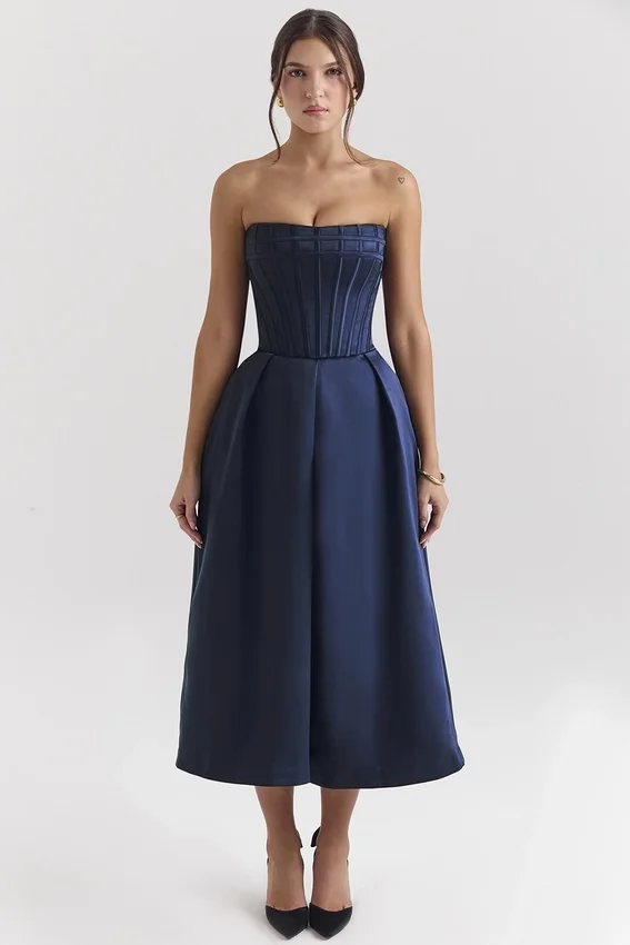 Bellina Midnight Blue Strapless Detachable Bow Midi Dress Bellina Midnight Blue Strapless Detachable Bow Midi Dress