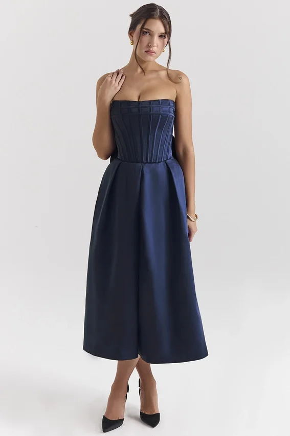 Bellina Midnight Blue Strapless Detachable Bow Midi Dress Bellina Midnight Blue Strapless Detachable Bow Midi Dress