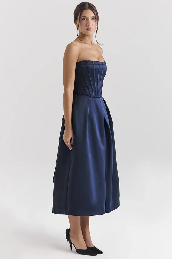 Bellina Midnight Blue Strapless Detachable Bow Midi Dress Bellina Midnight Blue Strapless Detachable Bow Midi Dress