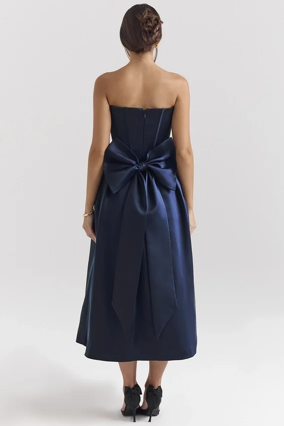 Bellina Midnight Blue Strapless Detachable Bow Midi Dress Bellina Midnight Blue Strapless Detachable Bow Midi Dress