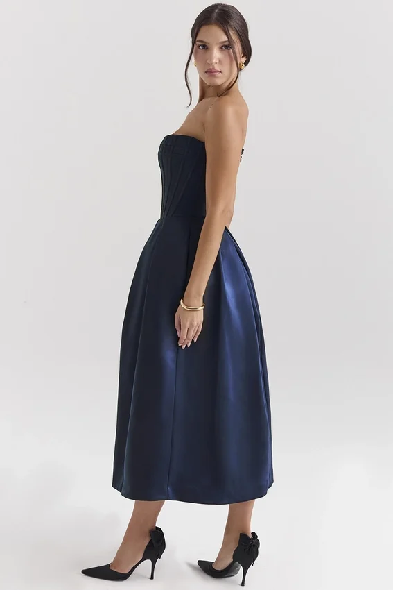 Bellina Midnight Blue Strapless Detachable Bow Midi Dress Bellina Midnight Blue Strapless Detachable Bow Midi Dress