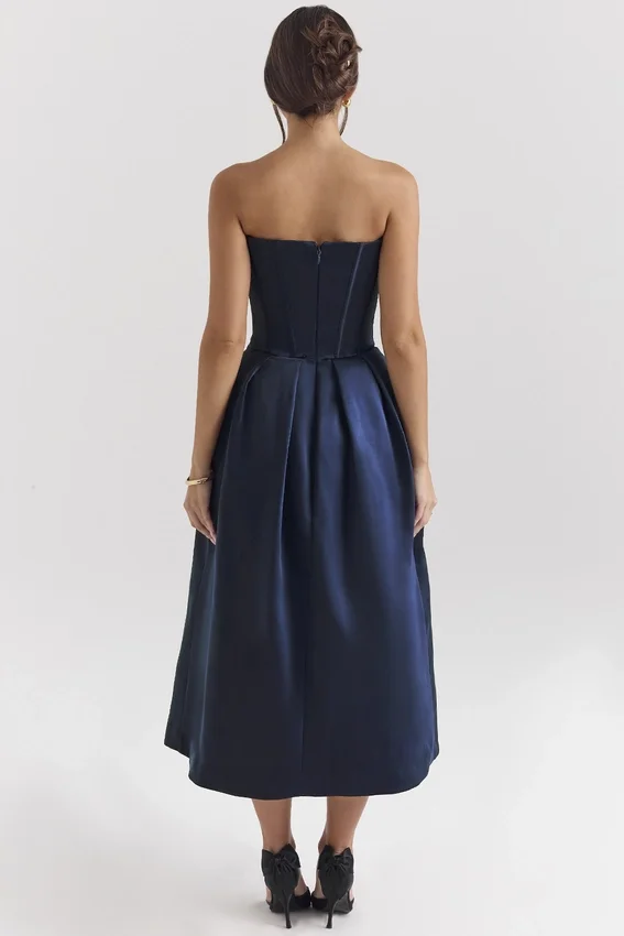 Bellina Midnight Blue Strapless Detachable Bow Midi Dress Bellina Midnight Blue Strapless Detachable Bow Midi Dress