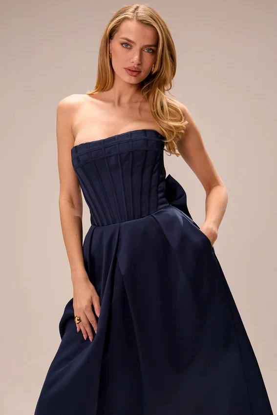 Bellina Midnight Blue Strapless Detachable Bow Midi Dress Bellina Midnight Blue Strapless Detachable Bow Midi Dress