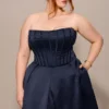 Bellina Midnight Blue Strapless Detachable Bow Midi Dress Bellina Midnight Blue Strapless Detachable Bow Midi Dress