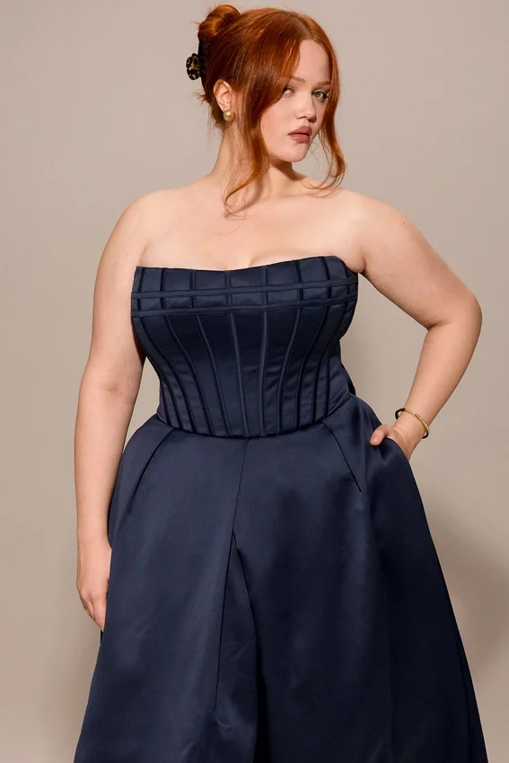Bellina Midnight Blue Strapless Detachable Bow Midi Dress Bellina Midnight Blue Strapless Detachable Bow Midi Dress