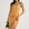Bianca Tangerine Satin Pleated Corset Midi Dress Bianca Tangerine Satin Pleated Corset Midi Dress