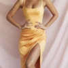 Bianca Tangerine Satin Pleated Corset Midi Dress Bianca Tangerine Satin Pleated Corset Midi Dress