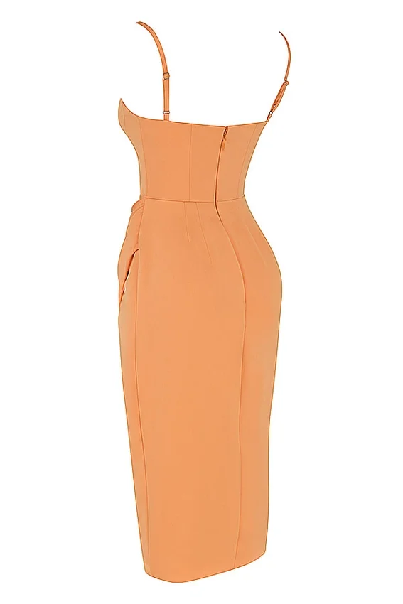 Bianca Tangerine Satin Pleated Corset Midi Dress Bianca Tangerine Satin Pleated Corset Midi Dress