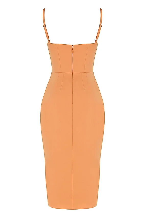 Bianca Tangerine Satin Pleated Corset Midi Dress Bianca Tangerine Satin Pleated Corset Midi Dress