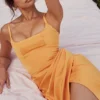 Bianca Tangerine Satin Pleated Corset Midi Dress Bianca Tangerine Satin Pleated Corset Midi Dress