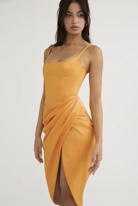 Bianca Tangerine Satin Pleated Corset Midi Dress Bianca Tangerine Satin Pleated Corset Midi Dress