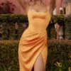 Bianca Tangerine Satin Pleated Corset Midi Dress Bianca Tangerine Satin Pleated Corset Midi Dress