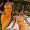 Bianca Tangerine Satin Pleated Corset Midi Dress Bianca Tangerine Satin Pleated Corset Midi Dress