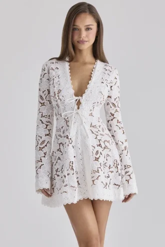 Bianca White Custom Lace Long Sleeve Mini Dress