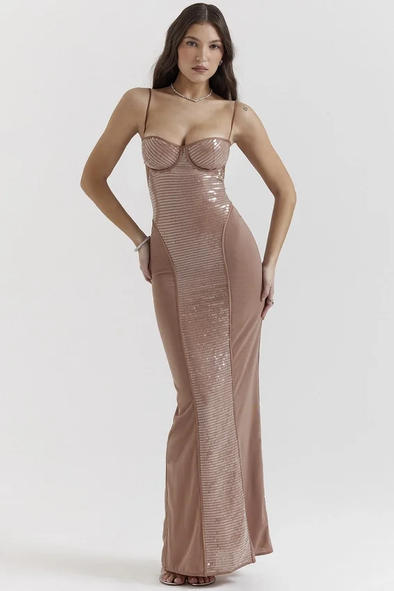 Bonita Cafe Au Lait Sequin Maxi Dress Bonita Cafe Au Lait Sequin Maxi Dress