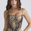 Cadie Gold Leopard Print Satin Corset Top