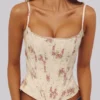 Cadie Ivory Vintage Rose Print Cotton Corset Top Cadie Ivory Vintage Rose Print Cotton Corset Top
