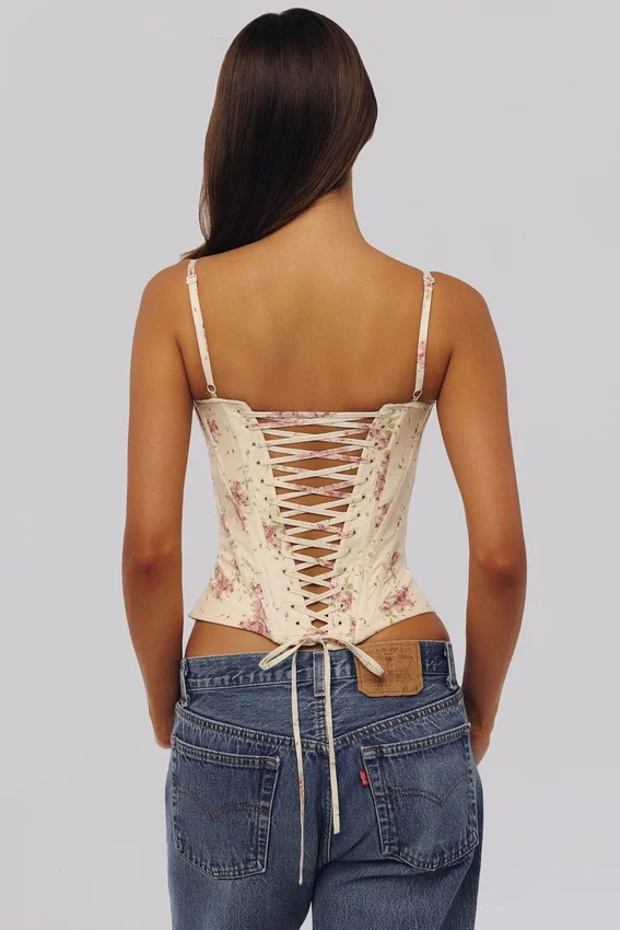 Cadie Ivory Vintage Rose Print Cotton Corset Top Cadie Ivory Vintage Rose Print Cotton Corset Top