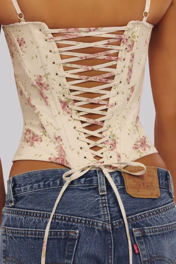 Cadie Ivory Vintage Rose Print Cotton Corset Top Cadie Ivory Vintage Rose Print Cotton Corset Top