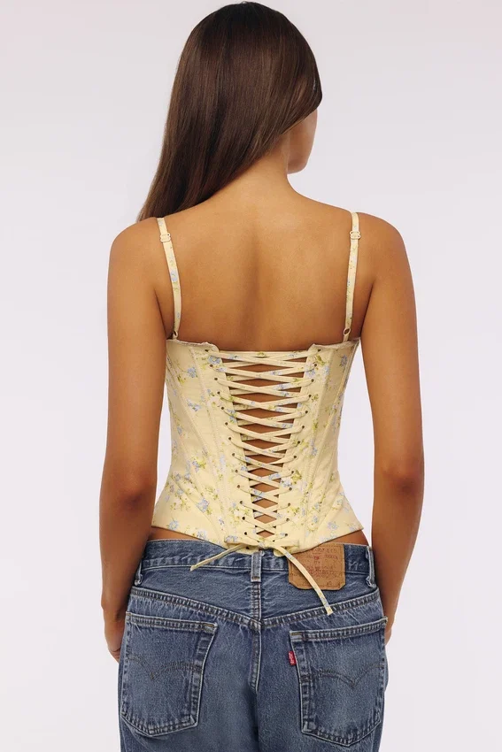 Cadie Lemon Floral Print Cotton Waist Cinch Corset Top Cadie Lemon Floral Print Cotton Waist Cinch Corset Top