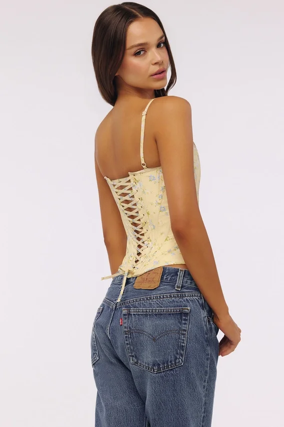 Cadie Lemon Floral Print Cotton Waist Cinch Corset Top Cadie Lemon Floral Print Cotton Waist Cinch Corset Top