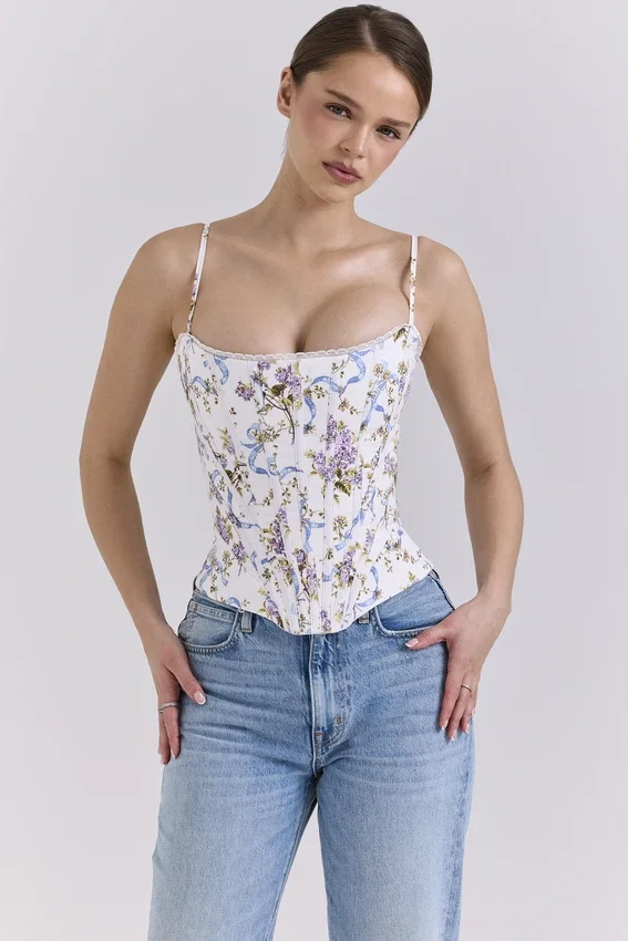 Cadie White Floral Ribbon Print Cotton Corset Top Cadie White Floral Ribbon Print Cotton Corset Top