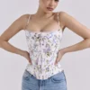 Cadie White Floral Ribbon Print Cotton Corset Top Cadie White Floral Ribbon Print Cotton Corset Top