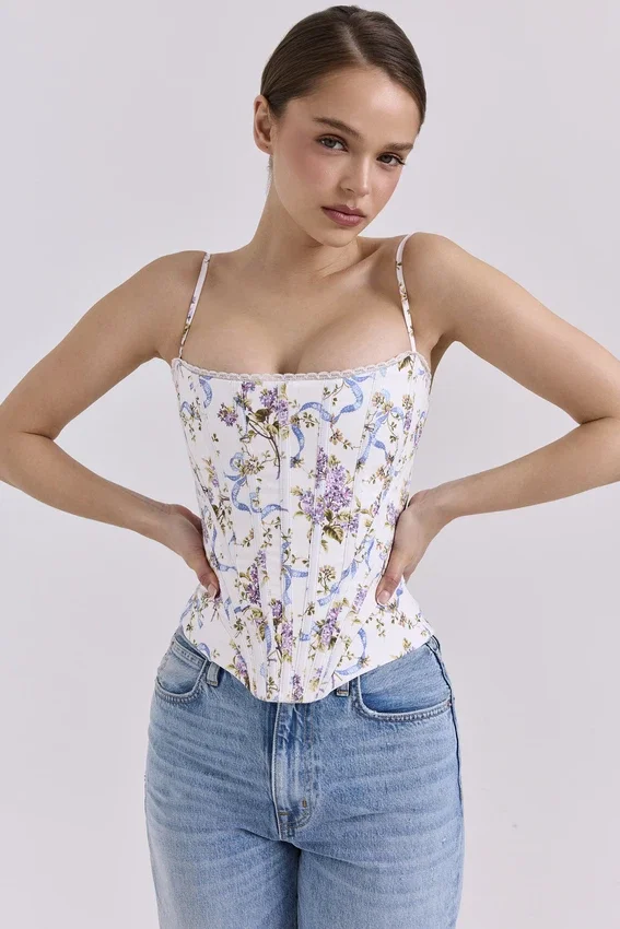 Cadie White Floral Ribbon Print Cotton Corset Top Cadie White Floral Ribbon Print Cotton Corset Top