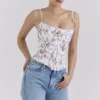 Cadie White Floral Ribbon Print Cotton Corset Top Cadie White Floral Ribbon Print Cotton Corset Top