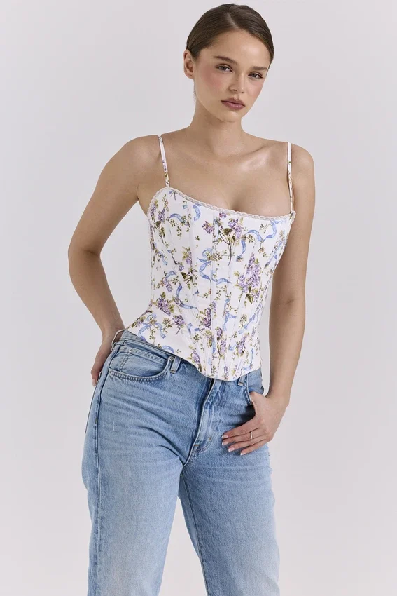 Cadie White Floral Ribbon Print Cotton Corset Top Cadie White Floral Ribbon Print Cotton Corset Top