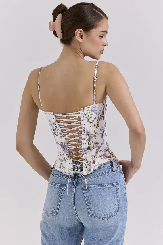 Cadie White Floral Ribbon Print Cotton Corset Top Cadie White Floral Ribbon Print Cotton Corset Top