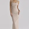 Calandra Taupe Stretch Crepe Ruched Maxi Dress Calandra Taupe Stretch Crepe Ruched Maxi Dress
