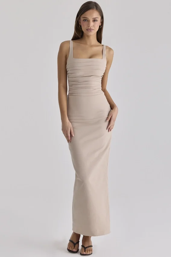 Calandra Taupe Stretch Crepe Ruched Maxi Dress Calandra Taupe Stretch Crepe Ruched Maxi Dress