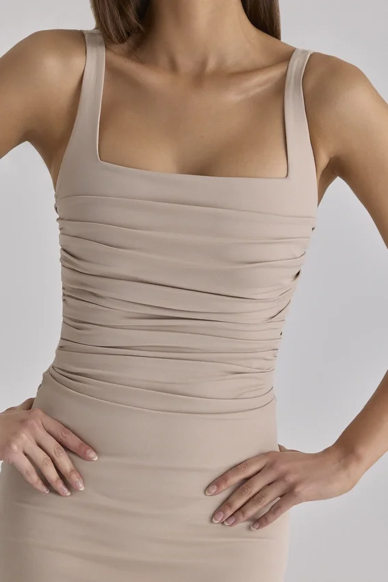 Calandra Taupe Stretch Crepe Ruched Maxi Dress Calandra Taupe Stretch Crepe Ruched Maxi Dress