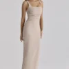 Calandra Taupe Stretch Crepe Ruched Maxi Dress Calandra Taupe Stretch Crepe Ruched Maxi Dress